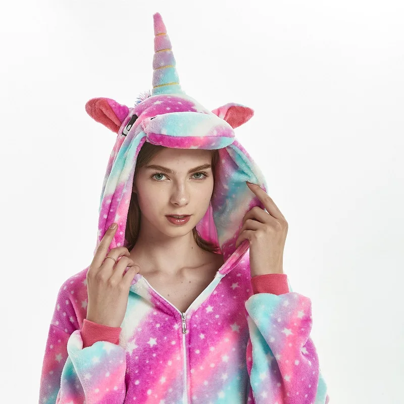 Glaxy Единорог кигуруми зима розовый полосатый Onesie для взрослых женщин мультфильм
