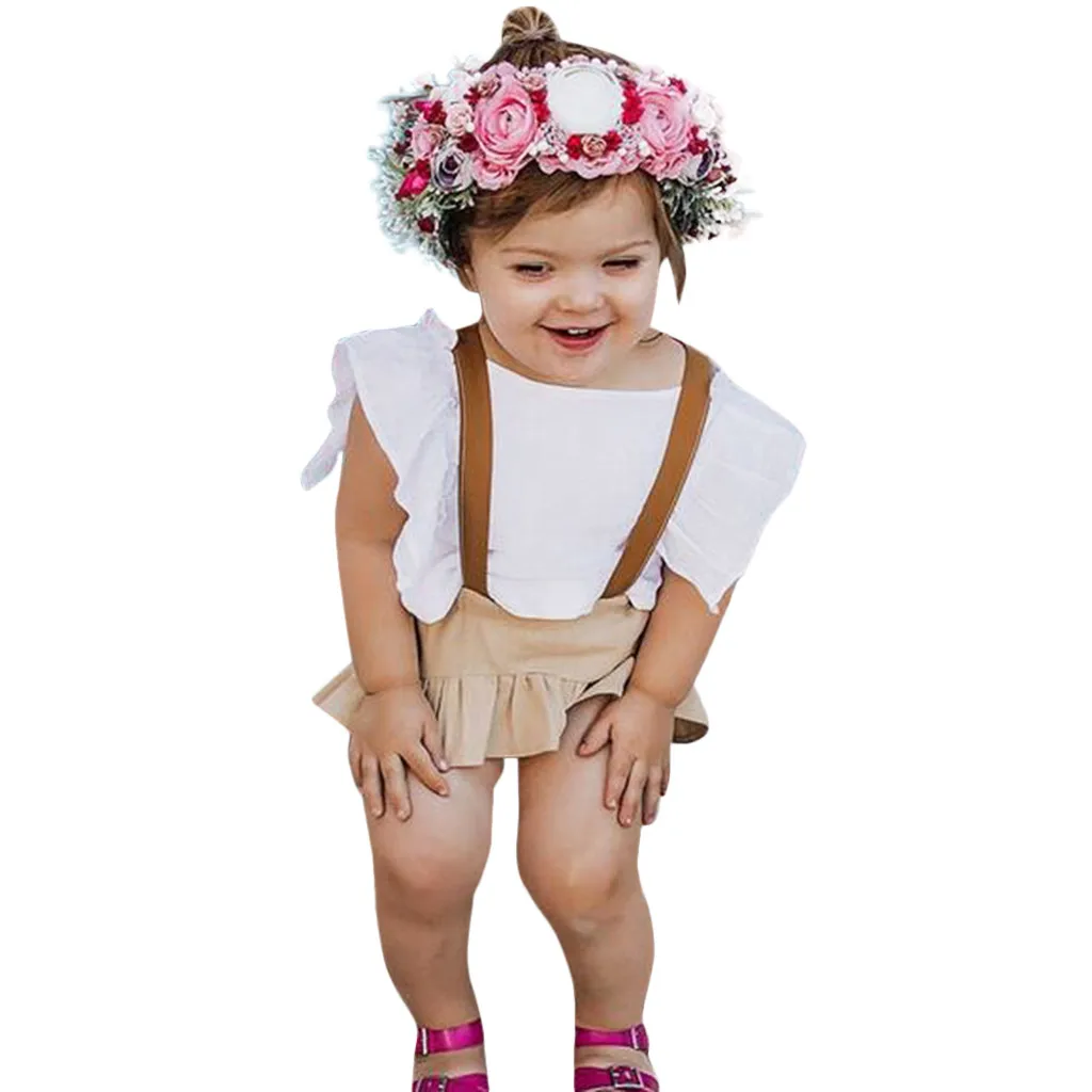 Комплект одежды для маленьких девочек однотонные топы без рукавов с оборками +