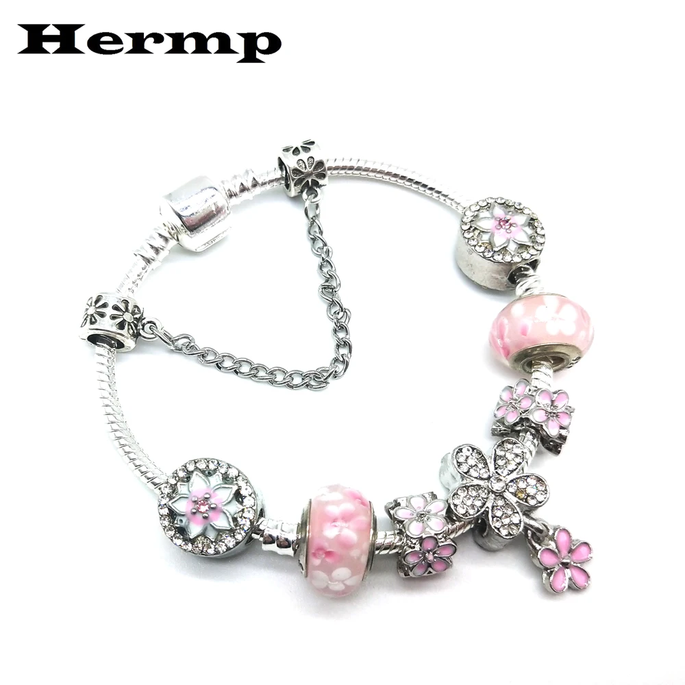 Серебряная цепочка Hermp розовый девочка подросток розовые лепестки бисера