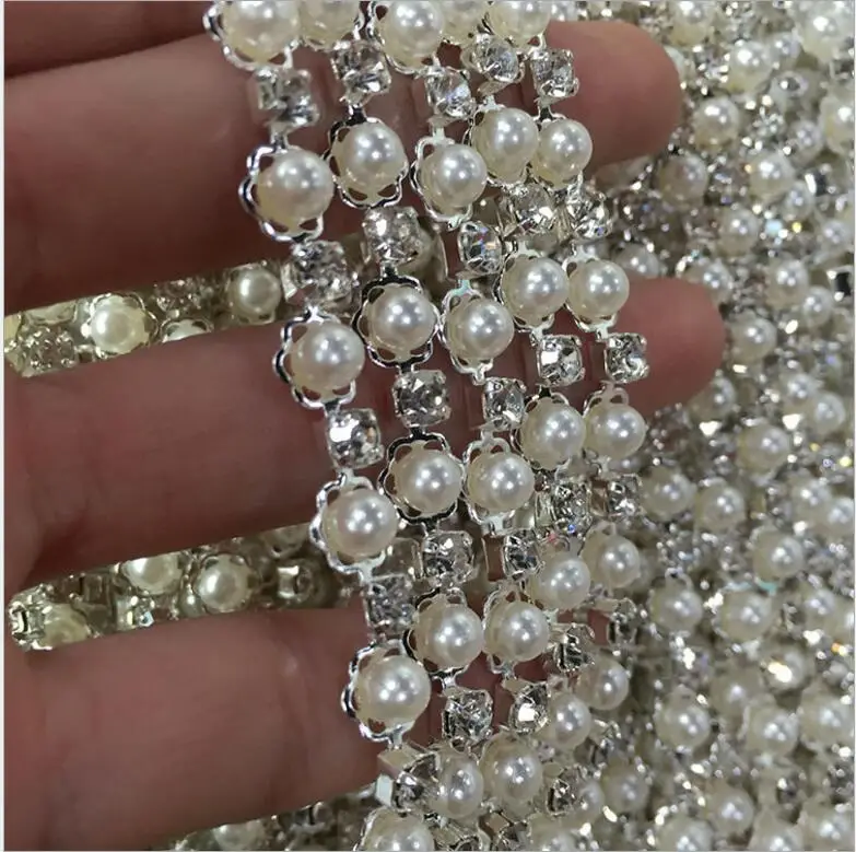 2yds серебряная металлическая цепочка Стразы Хрустальная с жемчугом из бисера для