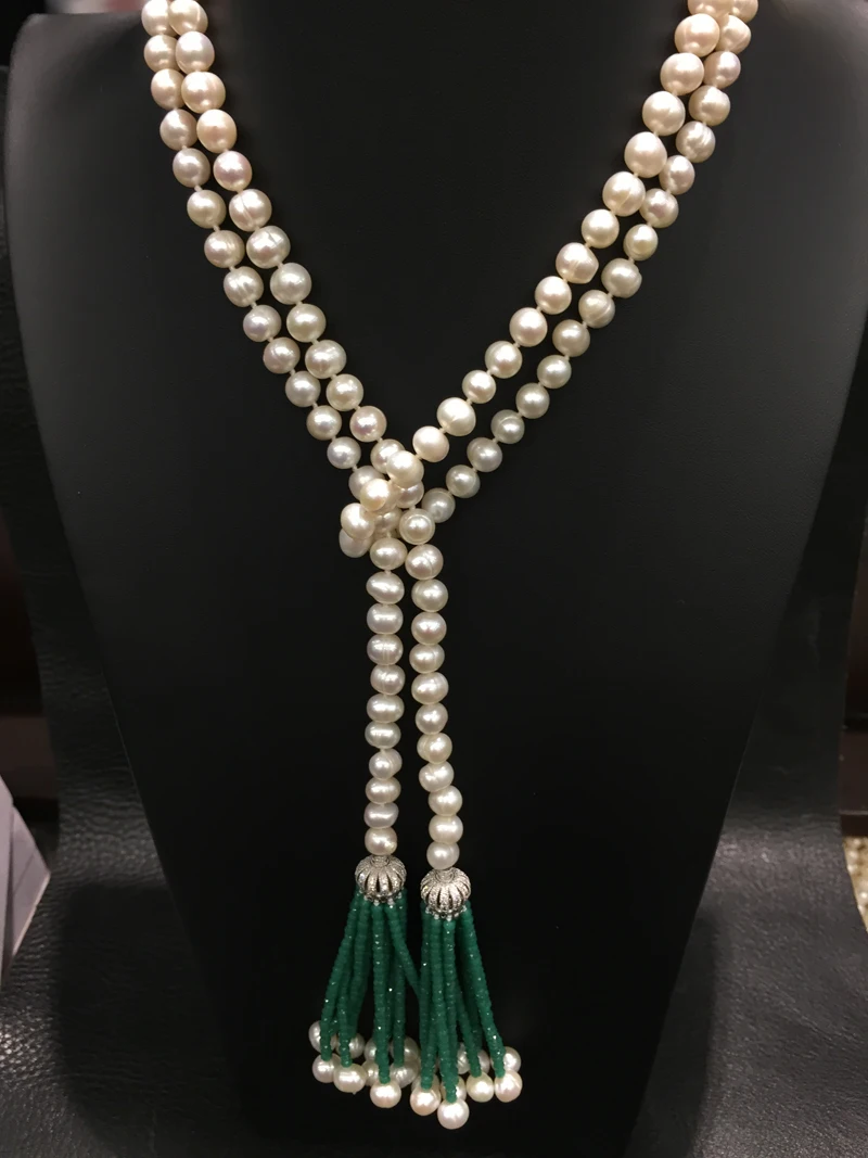 Длинное ожерелье из пресноводного жемчуга с зеленой кисточкой Модные женские