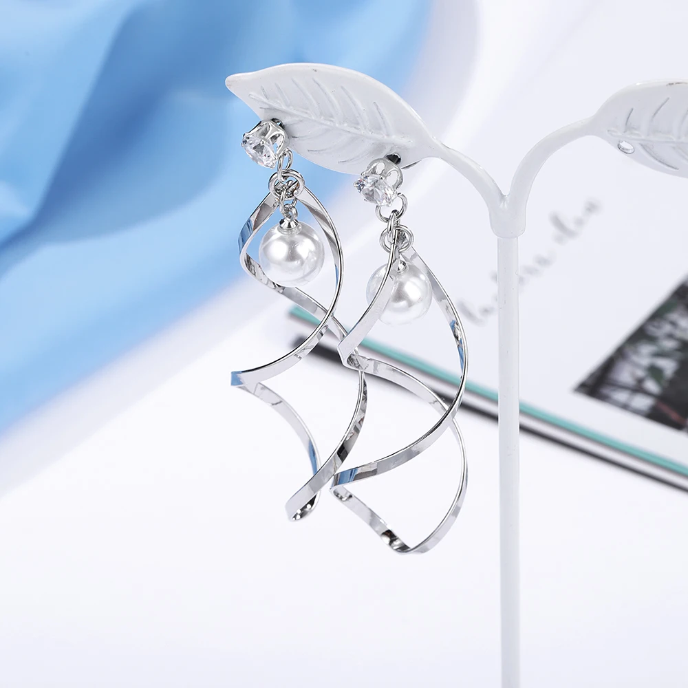 HanCheng Новые висячие спиральные Серебряные длинные серьги жемчуг/горный хрусталь