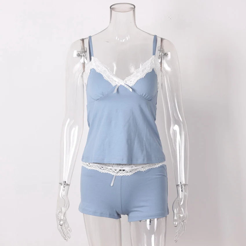 Женский хлопковый пижамный комплект с кружевом топ на бретельках спагетти и