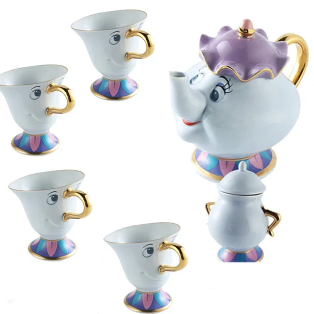 1 Pot 3 Cups 1 Bowl Красота и чудовище, чайный набор, кофейник, чашка, тарелка, набор фарфоровых чипов, чайная чашка, кофейная кружка, мультяшная кофейная посуда, набор тарелок, рождественский подарок - Цвет: 1 Pot 3 Cups 1 Bowl