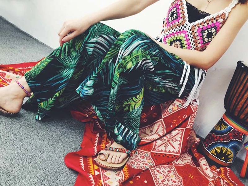 Bohoartist Boho пляжные брюки Широкие брюки для женщин тропические растения печати на шнуровке свободный низ отдых повседневные брюки одежда