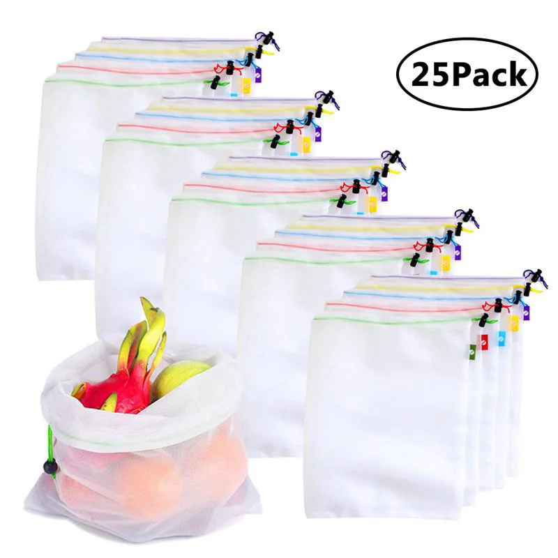 25pcs Многоразовые мешки Премиум моющиеся сетки производят сумки для продуктовых покупок хранения фруктов овощей сада производят сетчатые сумки - Цвет: 25pcs