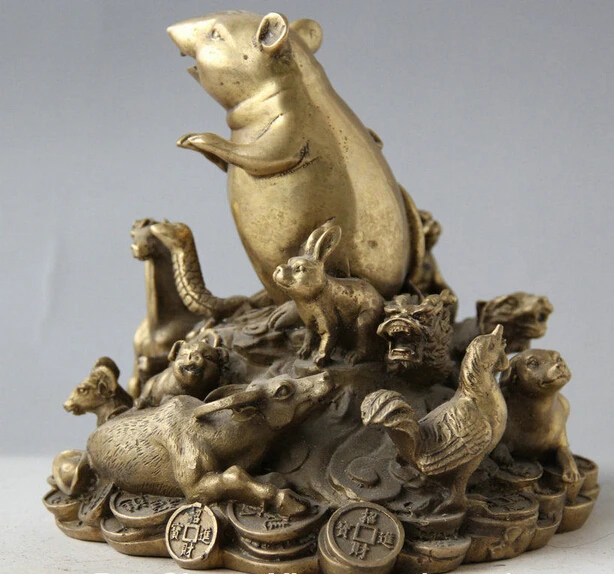 856++7&quot Chinese Brass 12 Zodiac Year Mouse Rat Mice Horse Tiger Pig Bull Statue Set | Дом и сад