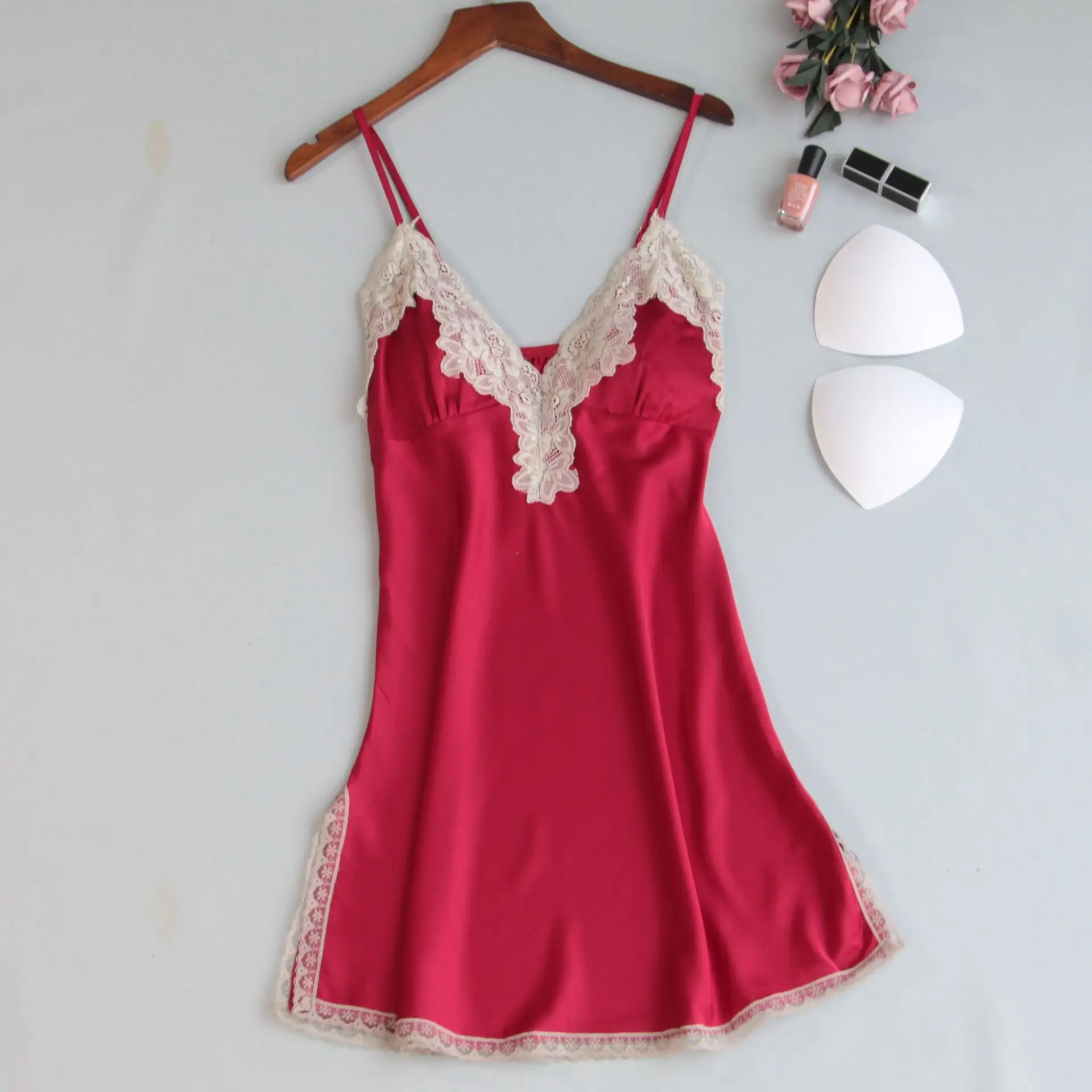 Женская атласная ночная рубашка MECHCITIZ шелковая с кружевом лето 2019 | одежда