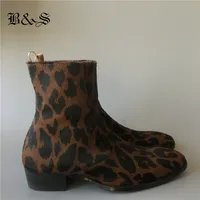 2019 Black& Street Pointed Toe Wyatt Leopard horse hair Men zipper Boots Wedge Gentleman Pointed Toe real leather fur slim Boots