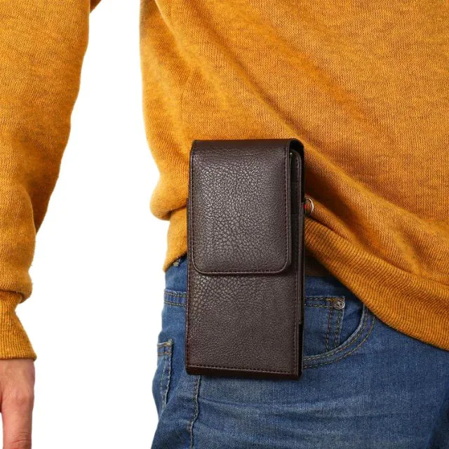 Вертикальный мужской кожаный чехол с зажимом для крепления на поясной ремень