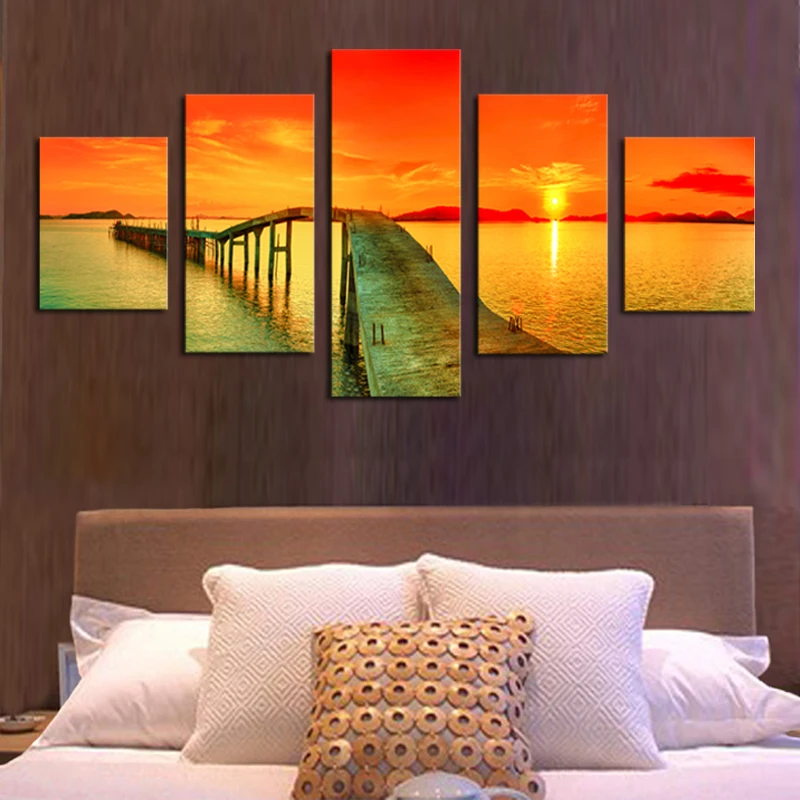 5 панелей без рамки Современная мост на закате морской пейзаж Картина холсте