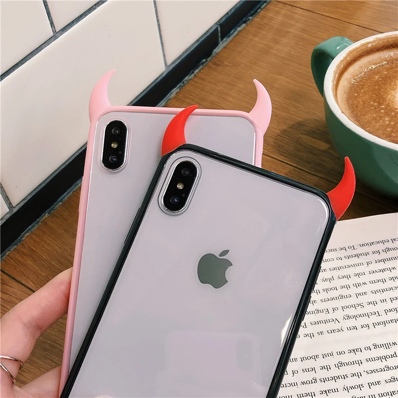 Милый чехол с рогом дьявола для iPhone XS Max XR 6 6S 7 8 Plus полностью защитный акриловый