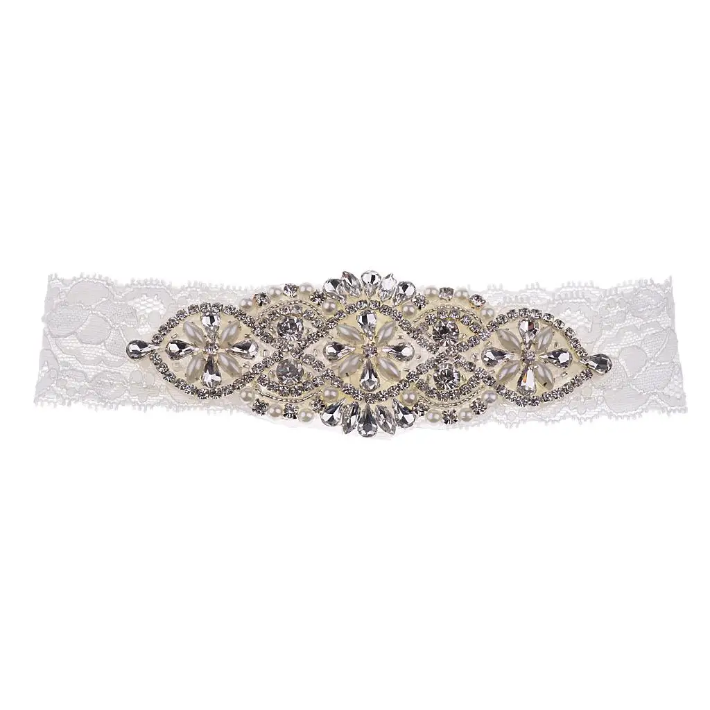 

Romantic Wedding Bridal Lace Garter Flower Applique Pearls Rhinestone Garter