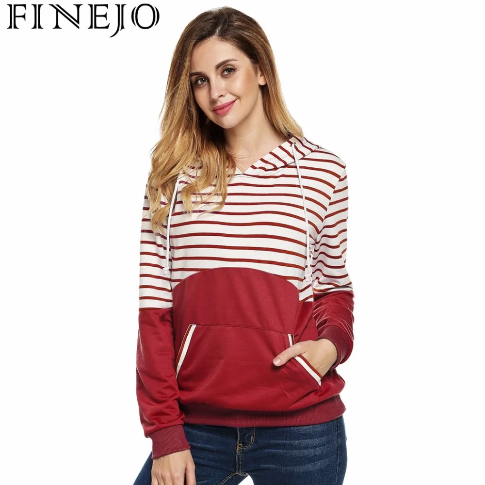 FINEJO Модные женские полосатые толстовки с капюшоном вязаные Лоскутные длинным