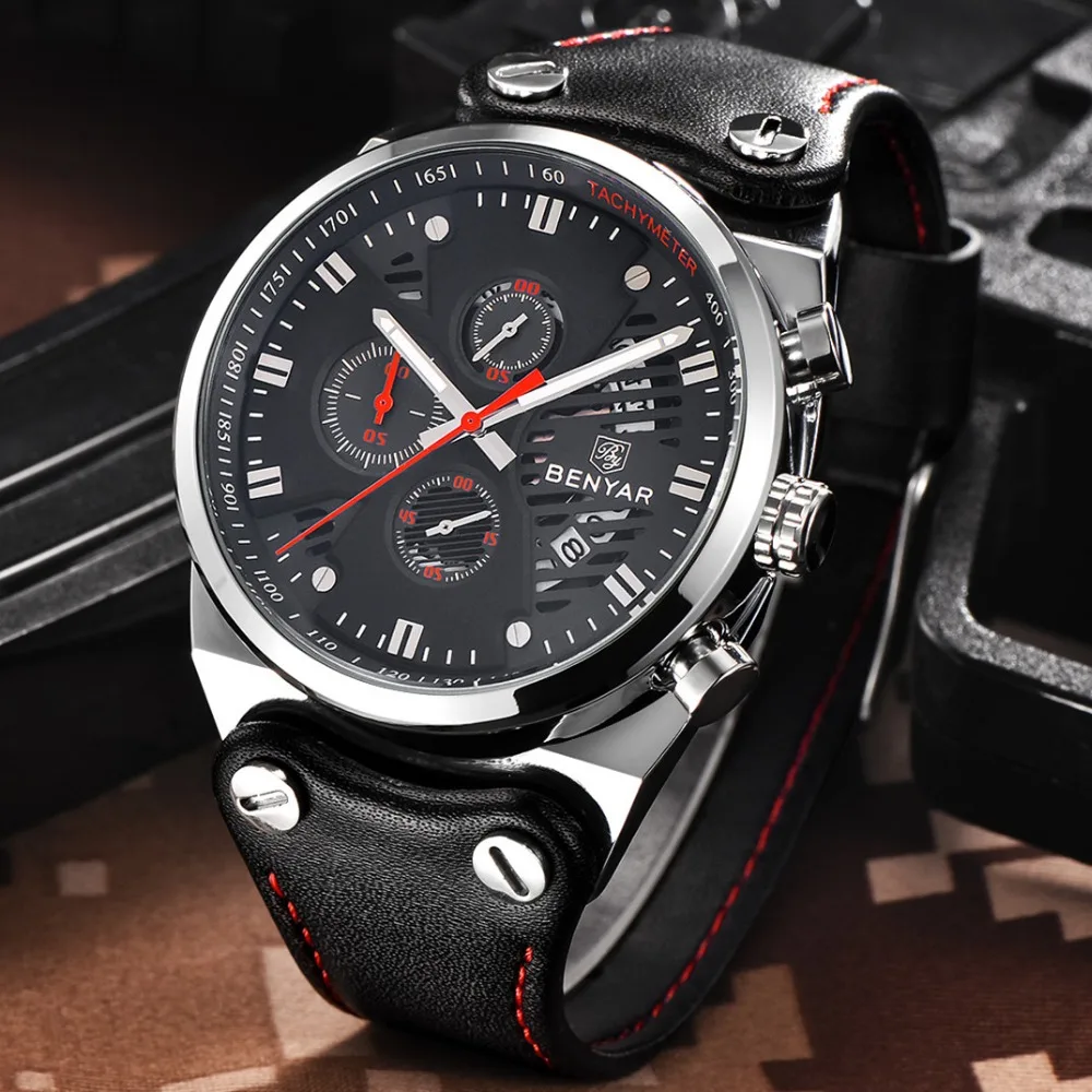 Мужские часы Reloj Hombre роскошный бренд BENYAR модные кожаные Кварцевые водонепроницаемые спортивные часы с хронографом Relogio Masculino