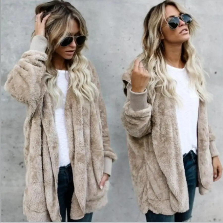 Женское пальто с искусственным мехом теплое мягкое плюшевой подкладкой