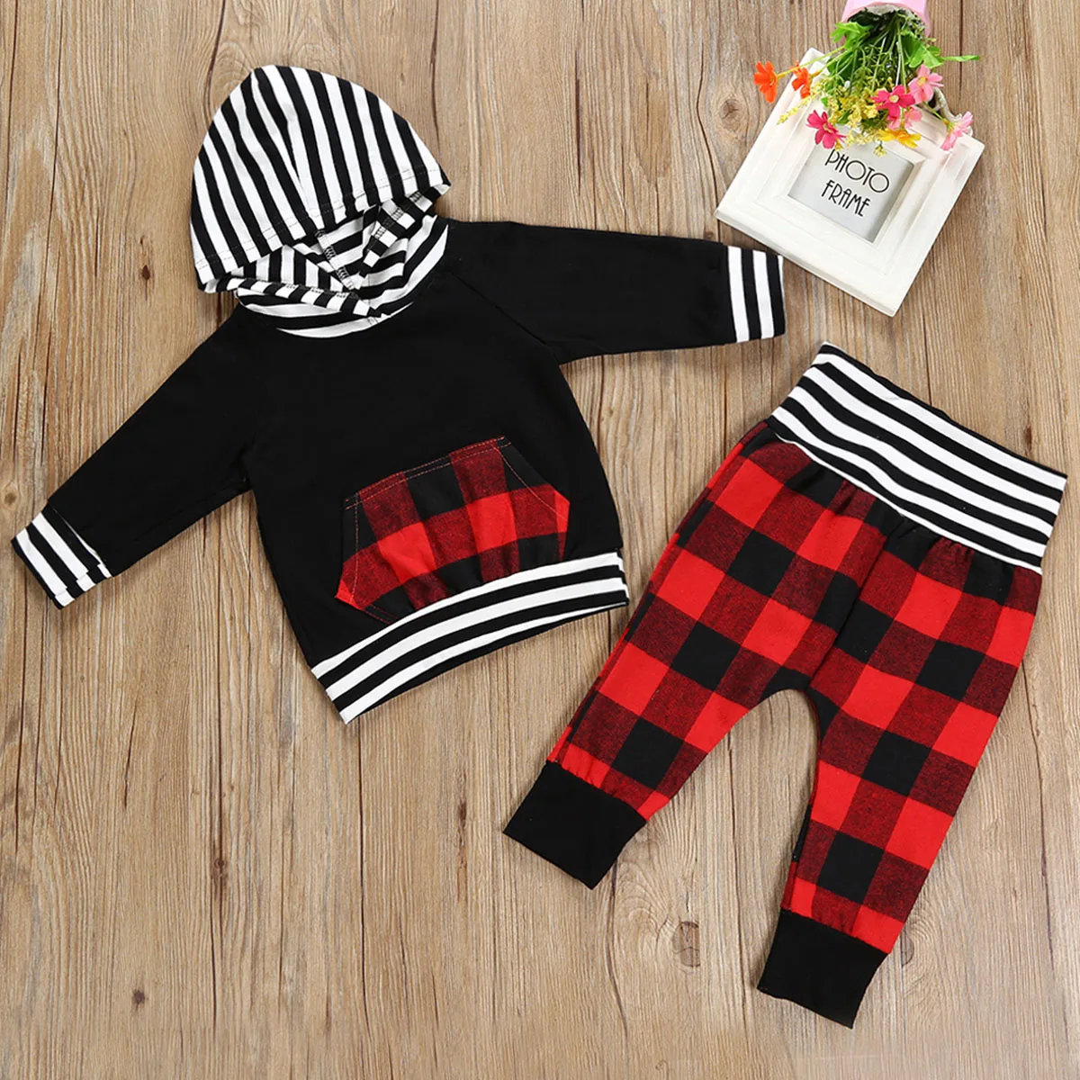 2017 Autumn Newborn Baby Boy Girl Clothing Long Sleeve Hooded T-shirt Tops+Red Plaid Pant Trouser 2PCS Infant Kids Clothes Set |