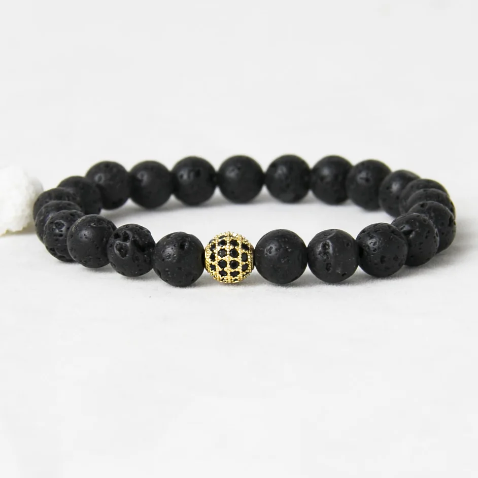 Black Lava Stone Bracelet with Micro Pave CZ Cubic Zirconia Disco Beads Bracelets Pulseras Men Women | Украшения и аксессуары