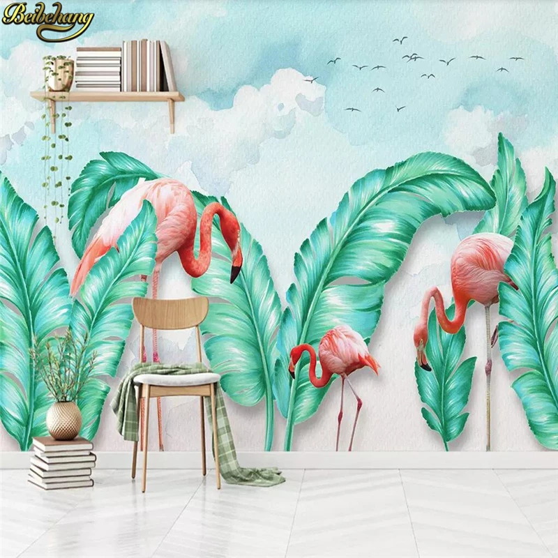 beibehang Custom Nordic painting tropical leaves flamingo Wallpaper Living Room TV Backdrop Ceiling Large wall paper background |