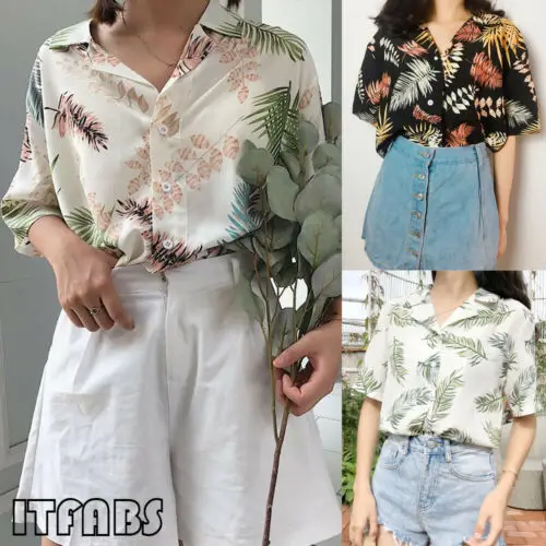 

Women Casual Loose Short Sleeve Blouse Summer Hawaii Holiday Beach Shirt Blouses Top Leaf Printed Turn-down Collar Sweet Shirts