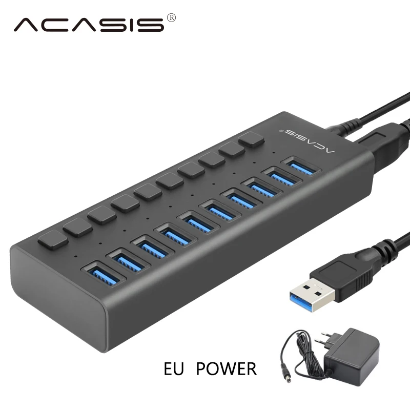 Acasis usb-хаб 3,0 10 портов супер скорость 5 Гбит/с Портативный USB 3,0 концентратор разветвитель с внешним адаптером питания ПК для аксессуаров