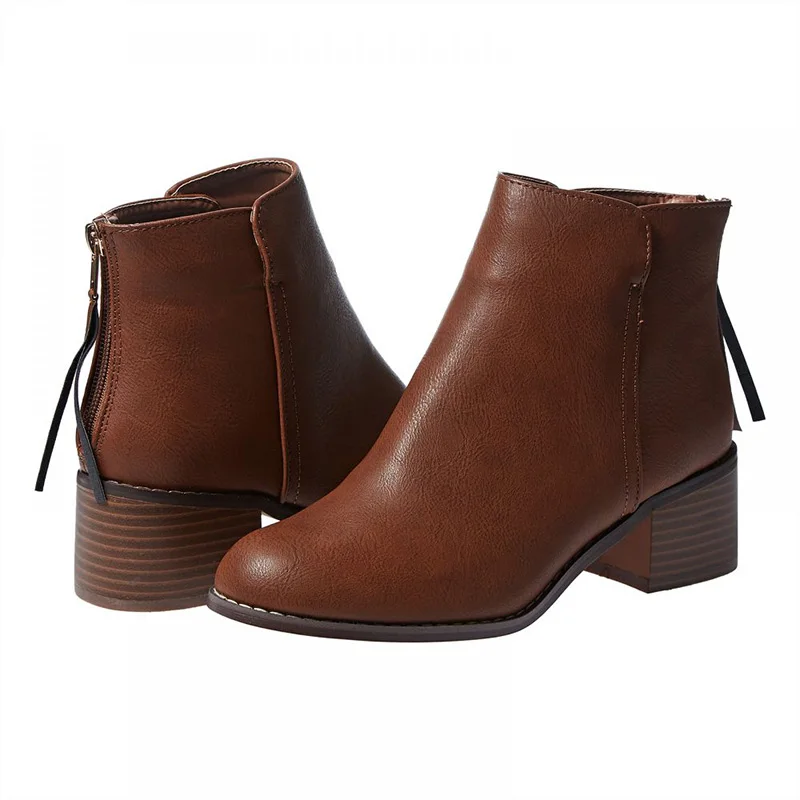 

FSJ Brown Fashion 2020 Leather Round Toe Ankle Boots High Square Heels Back Zippers Ladies Autumn Booties Woman Dress Shoes 4-16