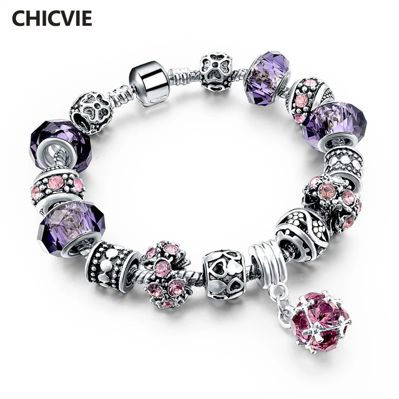 Женский браслет с фиолетовыми бусинами CHICVIE серебристые браслеты