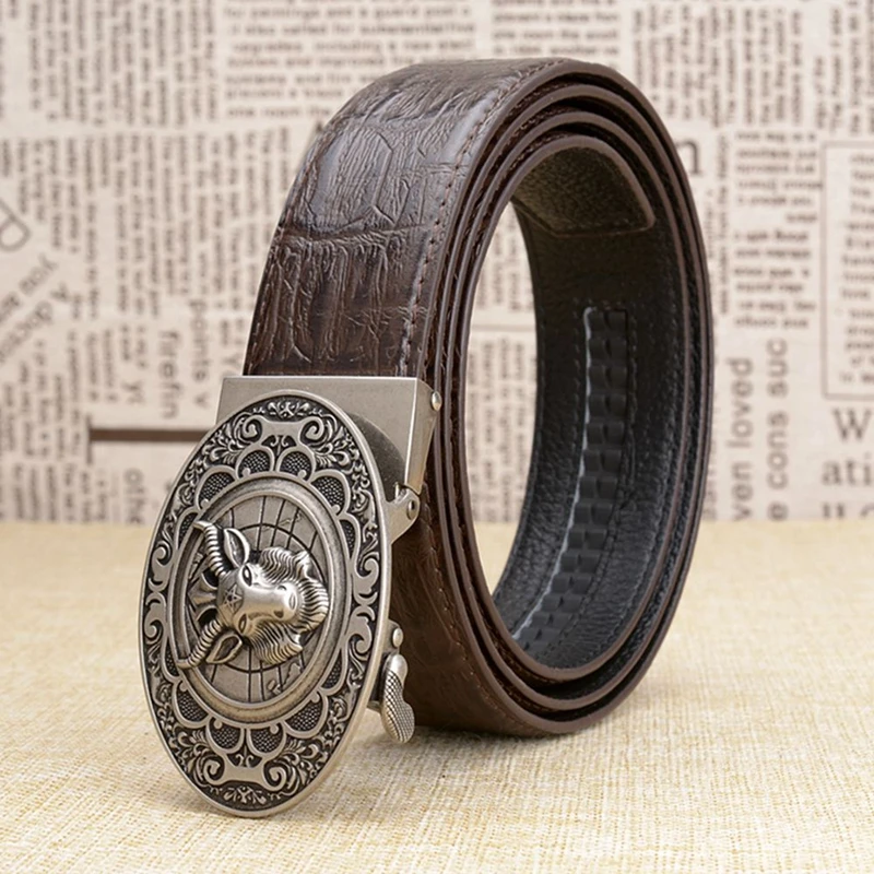 Винтажный Мужской роскошный ремень из натуральной кожи с автоматической пряжкой