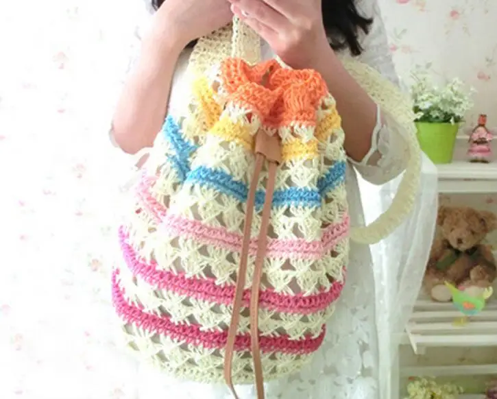 

Striped straw backpack designer hollow out woven drawstring laides bags small summer beach backpacks 4 colors mochilas feminina