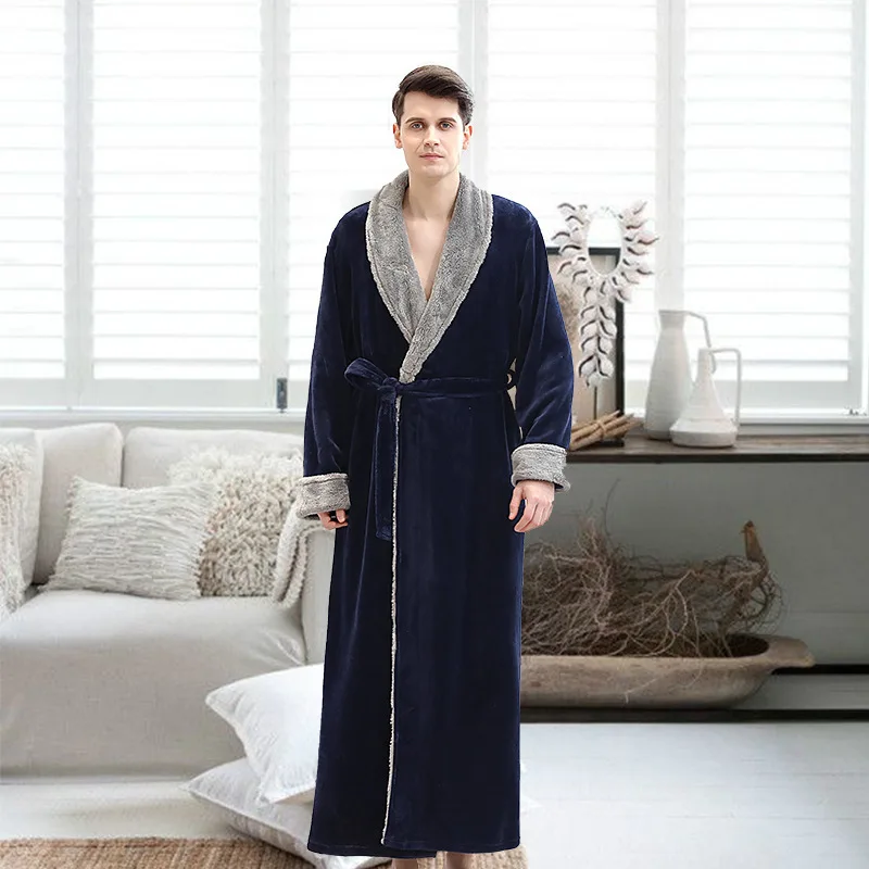 Navy blue men robe Зимний длинный халат, женский теплый халат, Женский банный халат, Пара толстых теплых полотенец для влюбленных, женское кимоно, пеньюар, Femme - Цвет: Navy blue men robe