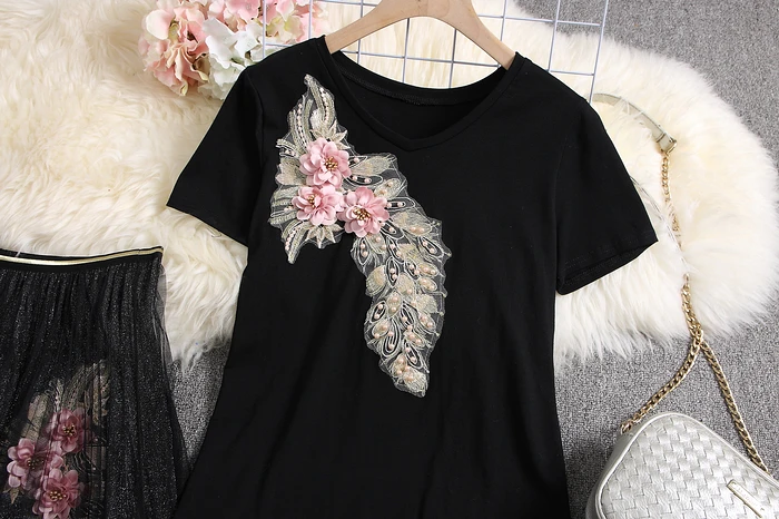 ALPHALMODA, модные футболки с цветочной аппликацией+ юбка до середины икры с цветочным рисунком, женские летние аккуратные модные комплекты с тяжелой юбкой