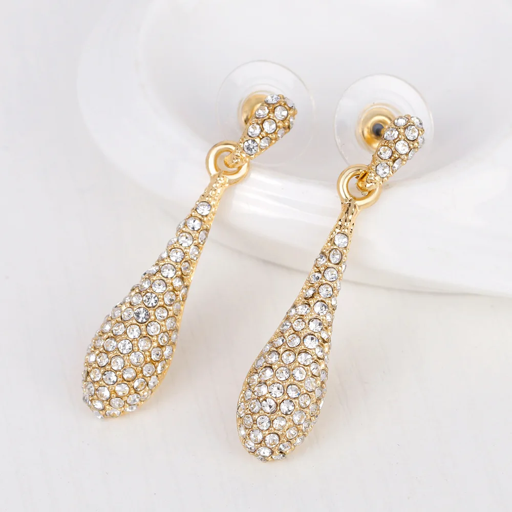 Luxury Gold Color Exquisite Wedding Jewelry Sets For Women Full Rhinestone Crystal Water Drop Pendant Necklace And Earrings | Украшения и