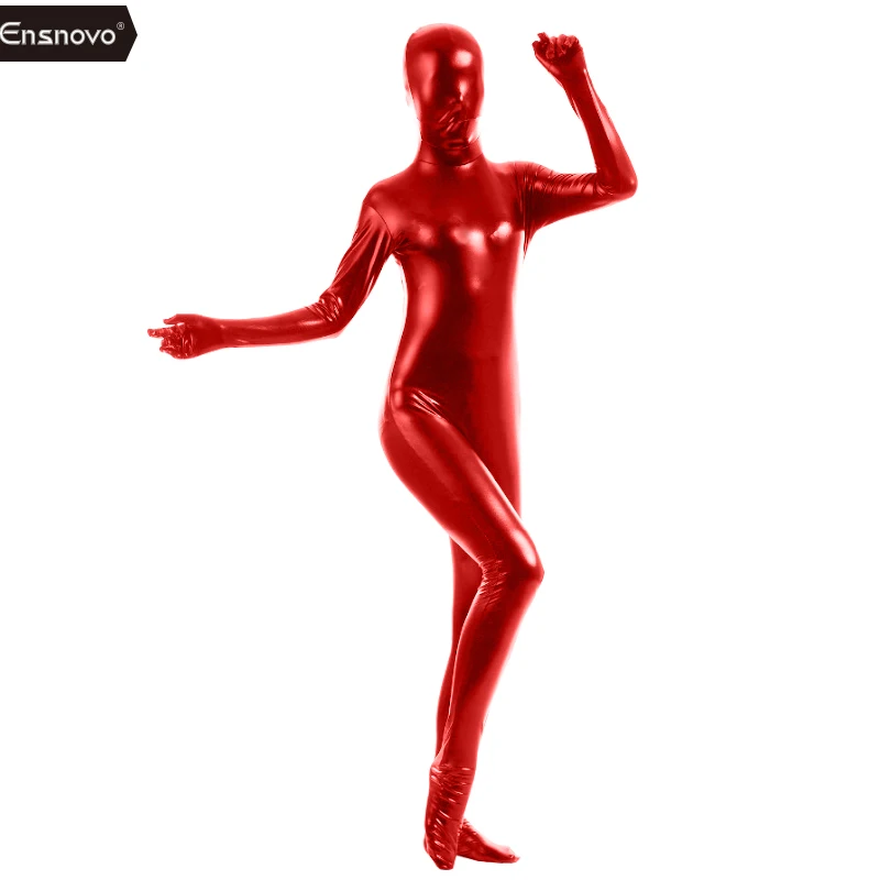 Ensnovo комбинезон Женщины Zentai телесный полный боди черный блестящий металлик Zentai косплей костюм дешевый комбинезон из лайкры Unitard - Цвет: Red
