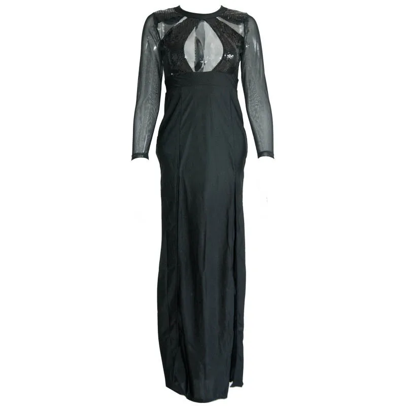 Женское длинное платье с двойным разрезом длинным рукавом и сетчатыми вставками