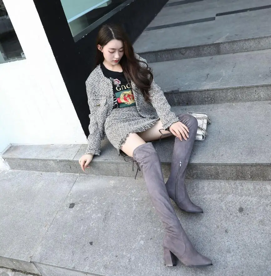 

Autumn Winter New Flock Leather Women Over The Knee Boots Lace Up Sexy High Heels Autumn Woman Shoes Winter Women Boots CS-601