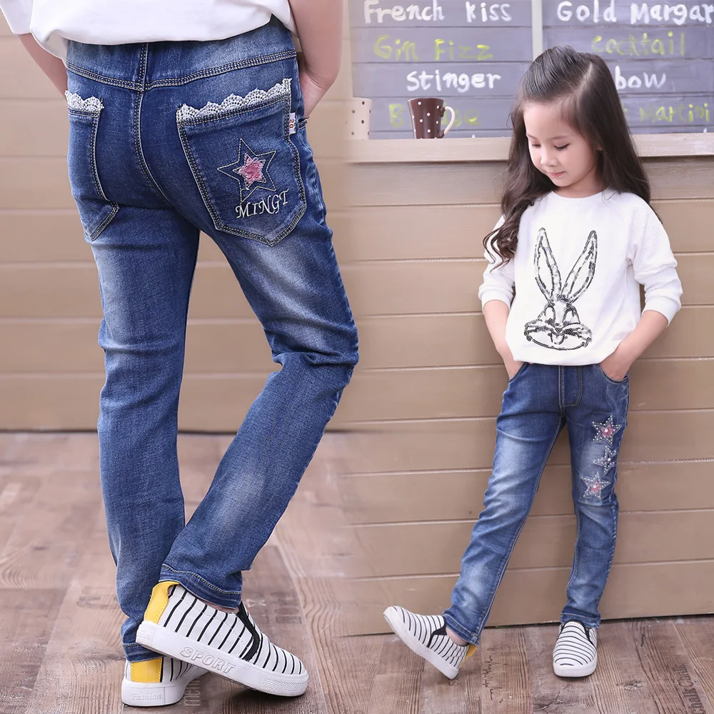 Г. Лидер продаж, качественные джинсы для девочек, весенне-Осенняя детская одежда детские джинсы с вышивкой в виде звезд синие джинсы для детей от 4 до 12 лет