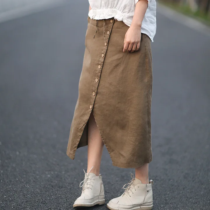 2019 летняя хлопчатобумажная льняная юбка Женская эластичная талия сплошной цвет