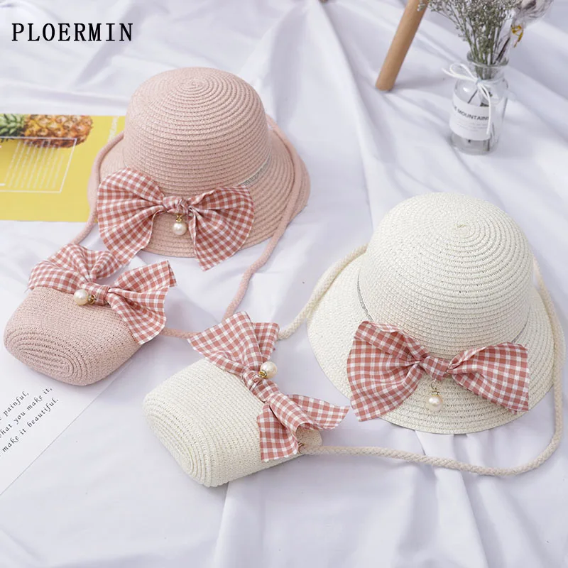 PLOERMINCute Платье принцессы с бантом и бейсболкой летняя девочек соломенная шляпа от солнца + Сумочка 2 шт.