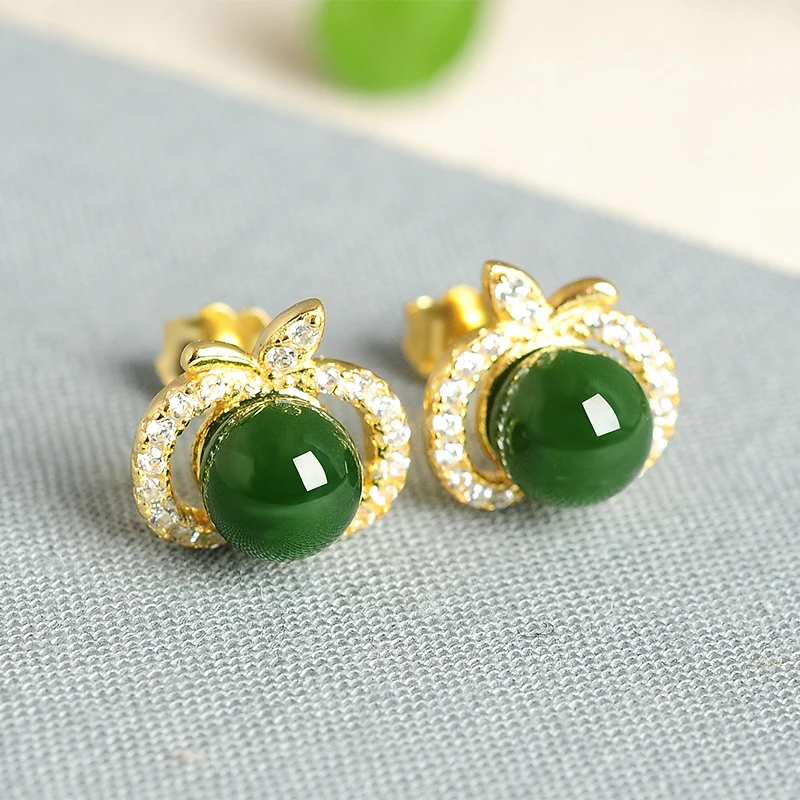 Natural Women'S Fine Jewelry 925 Silver Inlaid Authentic A Goods Jade Apple Earrings Abp1650 Free Shipping | Украшения и