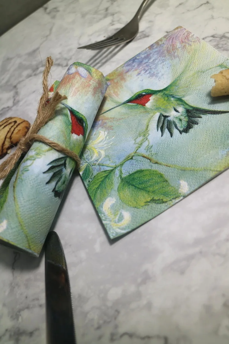 25cm 20 paper napkin tissue cute Hummingbird flower handkerchief oil craft decoupage girl boy kid party wedding serviettes deco