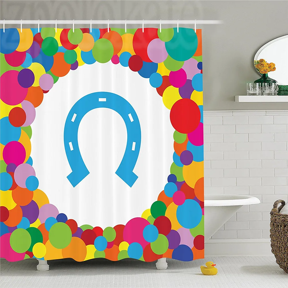 Horseshoe in Colorful Bubble Ball Shaped Frame Countryside Celebration Stylized Image Polyester Shower Curtain | Дом и сад