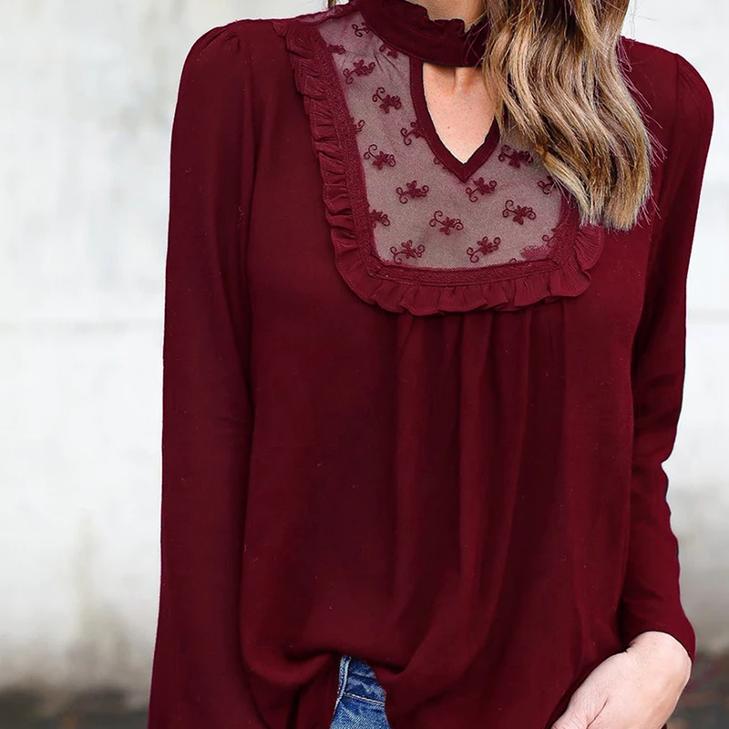 2019 популярные женские блузы с кружевной строчкой свободные рубашки вырезом