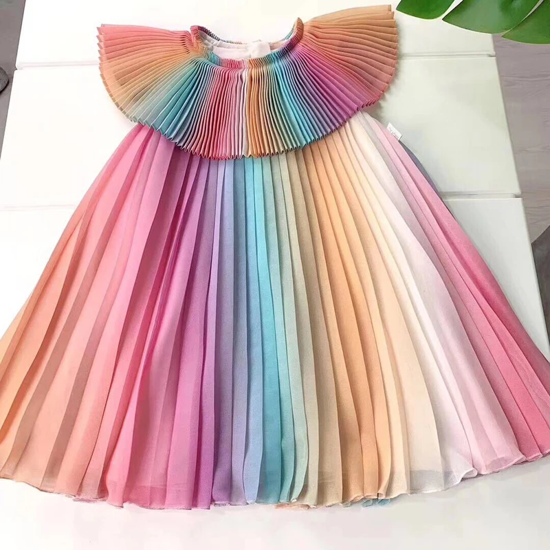 Design Rainbows Baby Girls Pleated Dresses Chiffon Fairy Party Dress Clothes Cute Maid Kids | Детская одежда и обувь