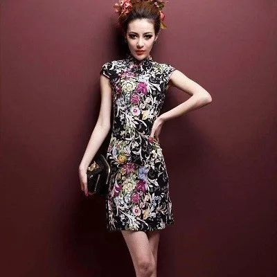Black flower Sheng Coco 5XL китайское традиционное платье с принтом эластичность лен хлопок китайский Qipao короткое улучшение эластичная сила Cheongsam - Цвет: Black flower