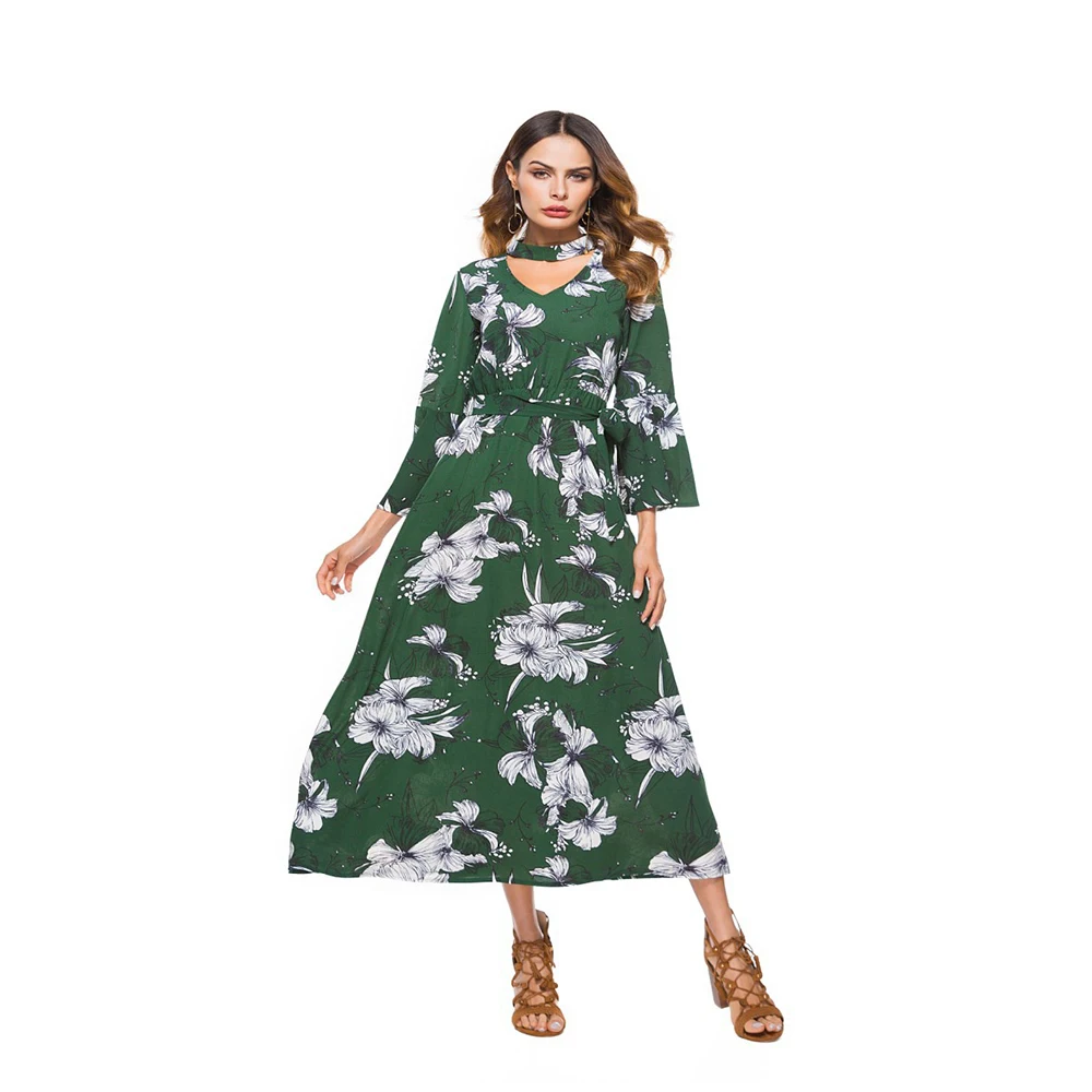 Женское Повседневное платье-макси с V-образным вырезом длинным рукавом и поясом |