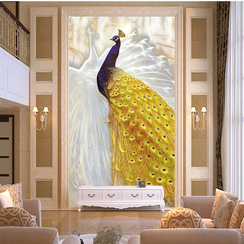 Фотообои на заказ с изображением белого желтого павлина фрески для гостиной