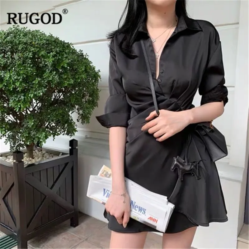 RUGOD однотонное винтажное женское платье рубашка с длинными рукавами элегантное