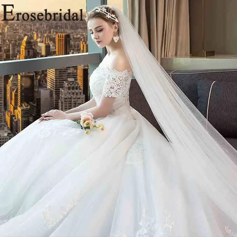 Erosebridal Элегантное свадебное платье, кружевное свадебное платье с длинным шлейфом и коротким рукавом, лиф, дизайн с бисером Vestido De Noiva