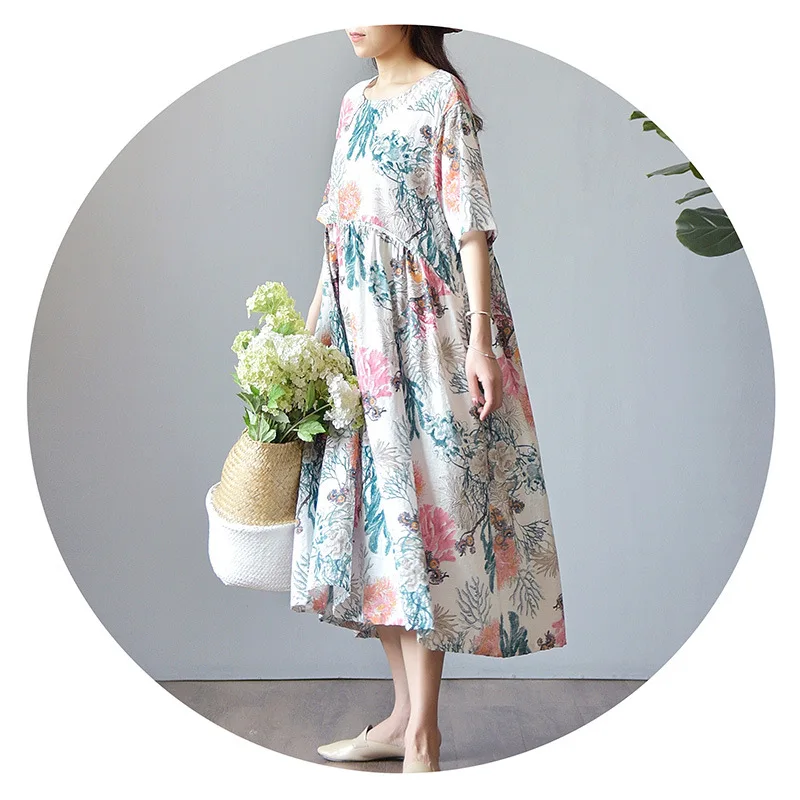 Женские хлопковые льняные платья с цветочным принтом Новинка лета 2020 свободные