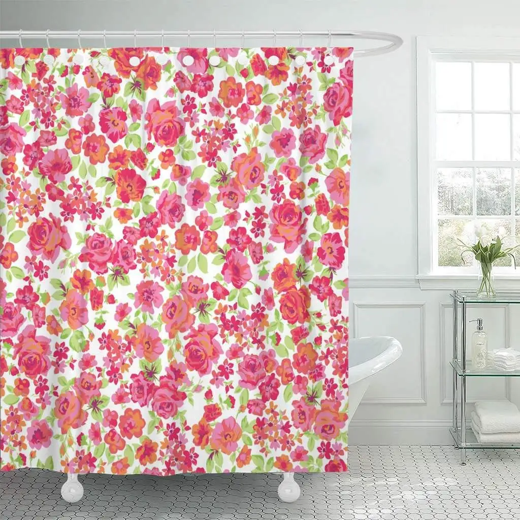 Занавеска для душа с крючками розовый маленький цветочный узор абстрактная